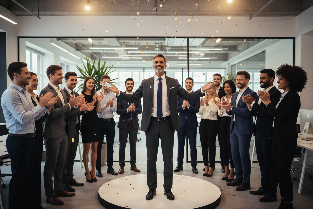 Add an image of someone at the centre of attention receiving praise and significance from a group of peers, this individual is the focus, they are very well dressed in a tie, 