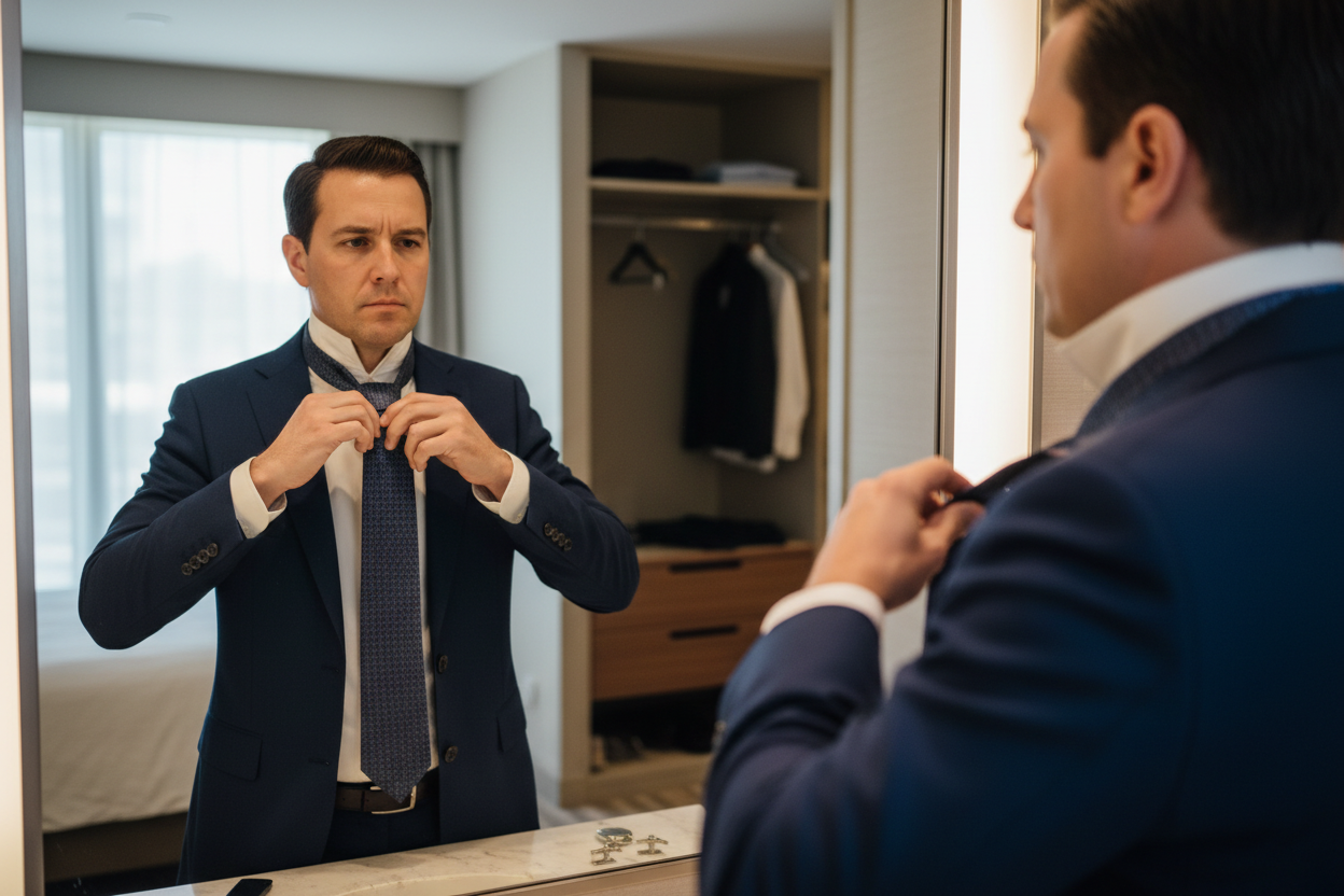 Generate an image of a person trying to put on their tie